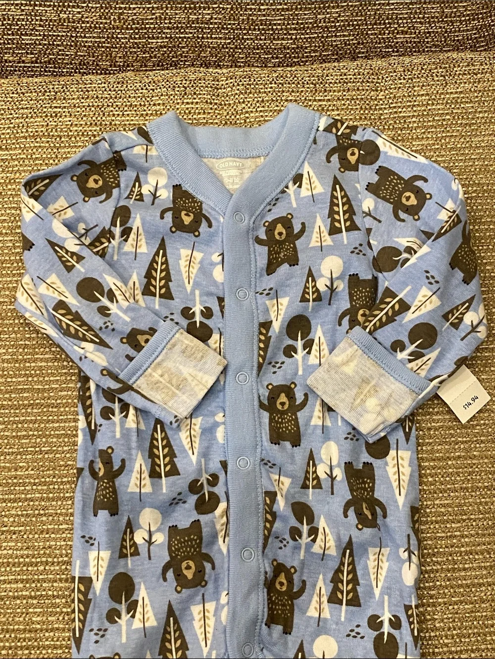 🩵 NWT Old Navy Blue Bear Print Baby One-Piece Footed Pajamas 0-3 months